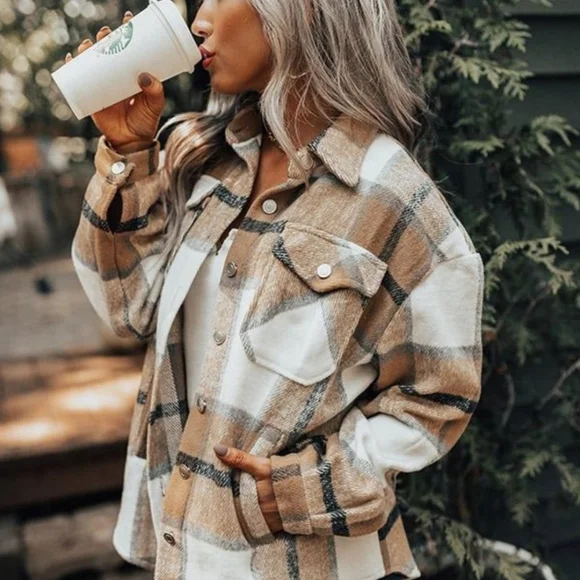 NEW Cozy Retro 70's Flannel Plaid Shacket Top Jacket Brown Tan White Gray - Picture 2 of 14